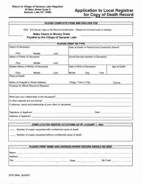 First page of the Application to Local Registrar for Copy of Death Record