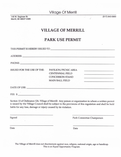 First page of the Park Use Permit