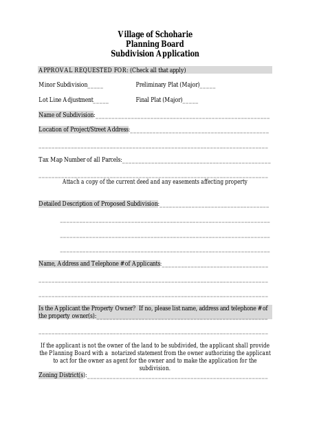 First page of the Subdivision Application