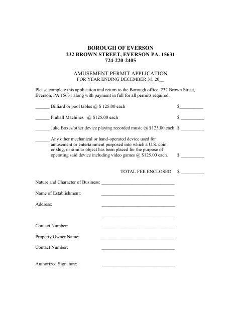 First page of the Amusement Permit Application