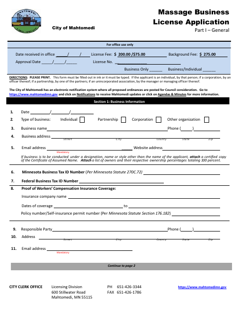 First page of the Massage Business License Application Part I