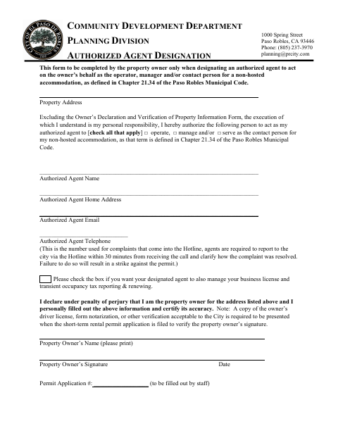 First page of the Authorized Agent Designation