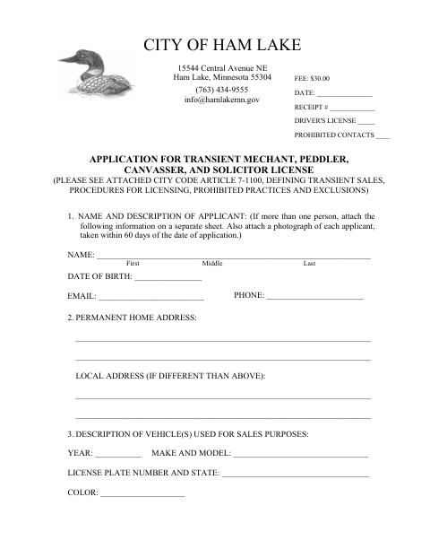 First page of the Transient Merchant, Peddler, Canvasser, and Solicitor License Application