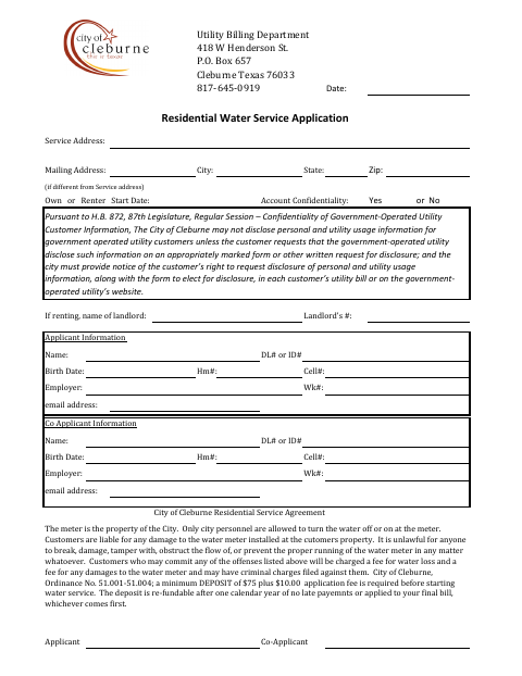 First page of the Residential Water Service Application