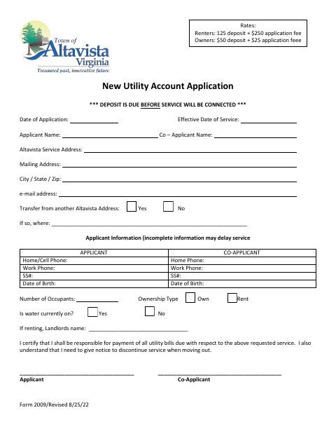 First page of the New Utility Account Application