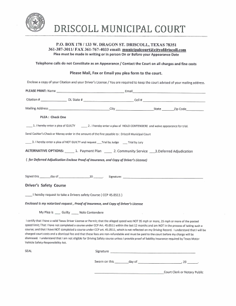 First page of the Municipal Court Plea Form