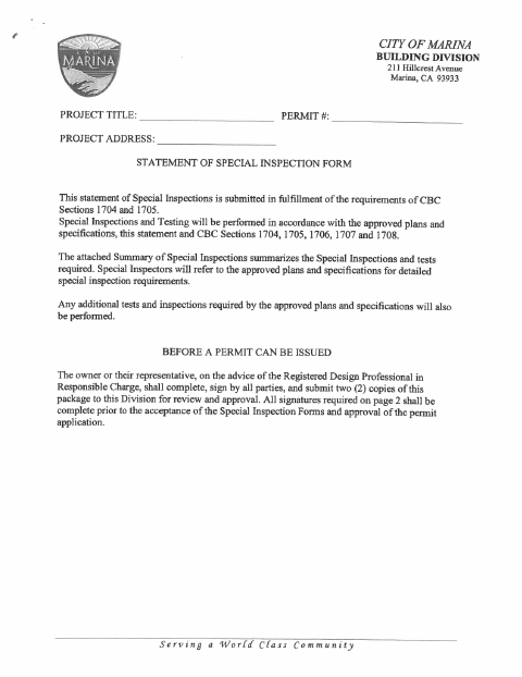 First page of the Special Inspection Form