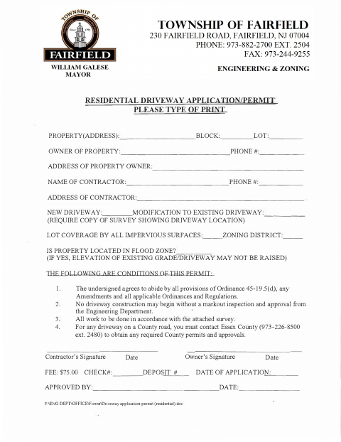 First page of the Residential Driveway Application/Permit