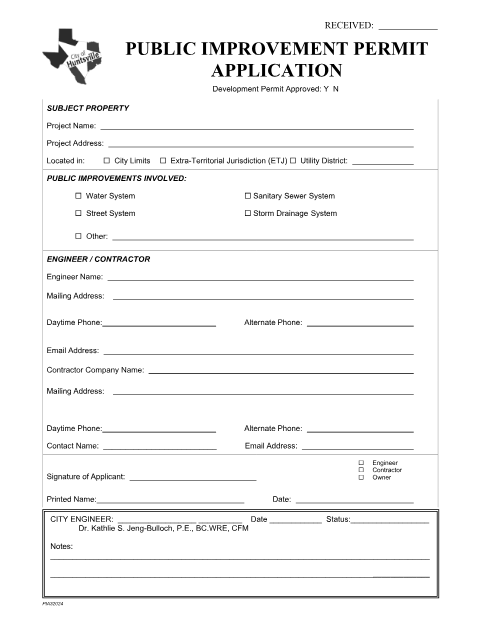 First page of the Public Improvement Permit Application