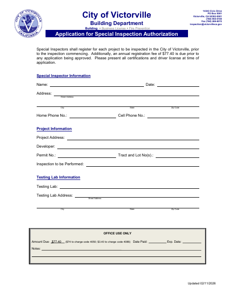 First page of the Application for Special Inspection Authorization