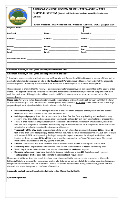 First page of the Application for Review of Private Waste Water Disposal System