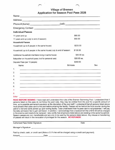 First page of the Season Pool Pass Application