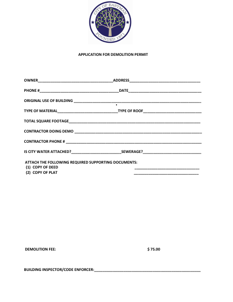 First page of the Application for Demolition Permit