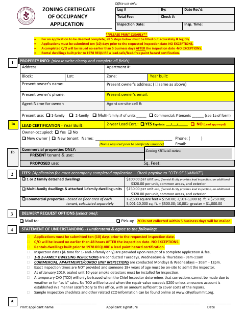 First page of the Zoning Certificate of Occupancy Application