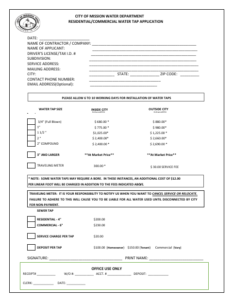 First page of the Residential/Commercial Water Tap Application