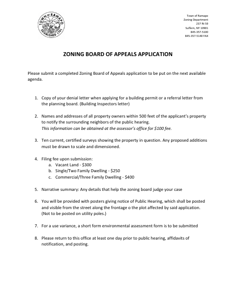 First page of the Zoning Board of Appeals Application