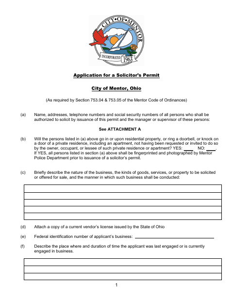 First page of the Application for a Solicitor's Permit