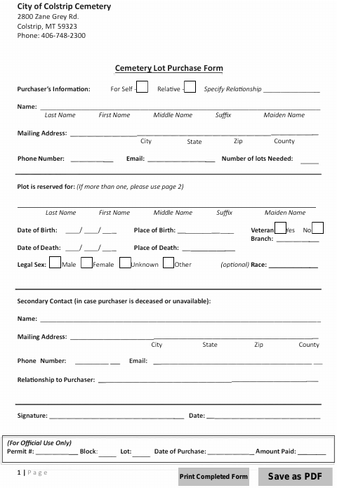 First page of the Cemetery Lot Purchase Form