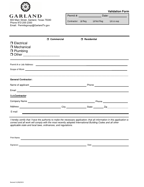 First page of the Sub-Contractor Validation Form