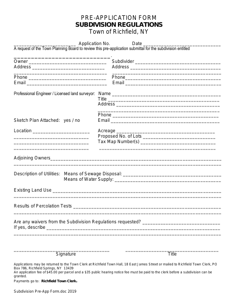 First page of the Subdivision Pre-Application Form