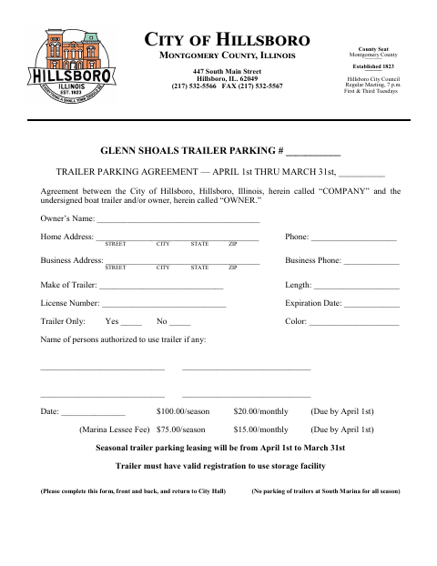 First page of the Trailer Parking Agreement