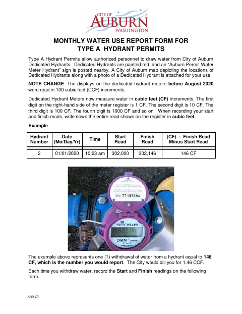 First page of the Monthly Water Use Report Form for Type A Hydrant Permits
