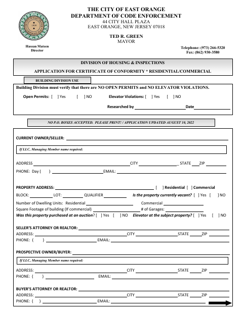 First page of the Application for Certificate of Conformity