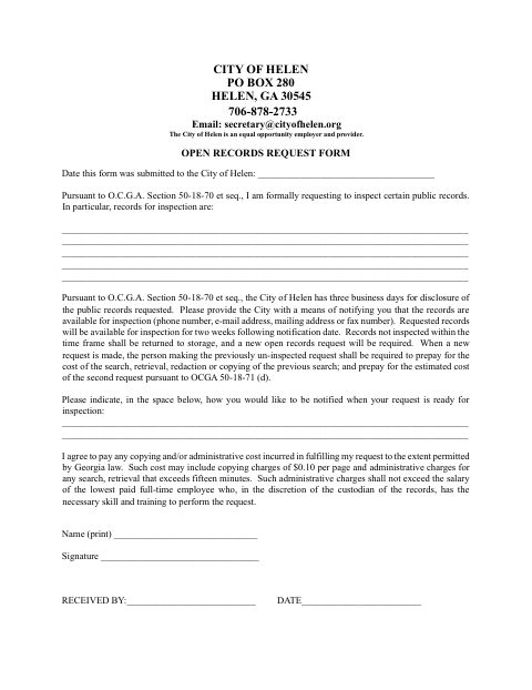 First page of the City Hall / Court Open Records Request