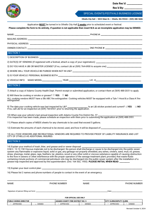 First page of the Special Events/Festivals Business License