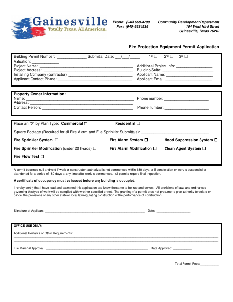 First page of the Fire Protection Equipment Permit Application