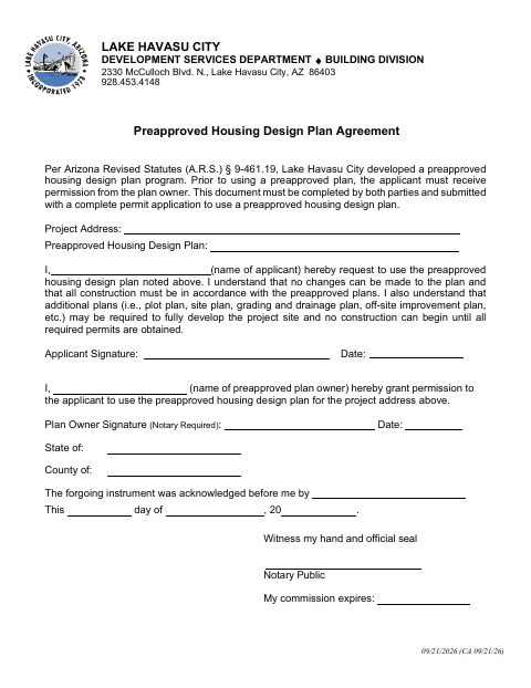 First page of the Preapproved Housing Design Plan Agreement