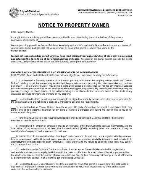 First page of the Notice to Property Owner / Agent Authorization Form
