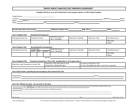 First page of the Traffic Impact Analysis (TIA) Threshold Worksheet