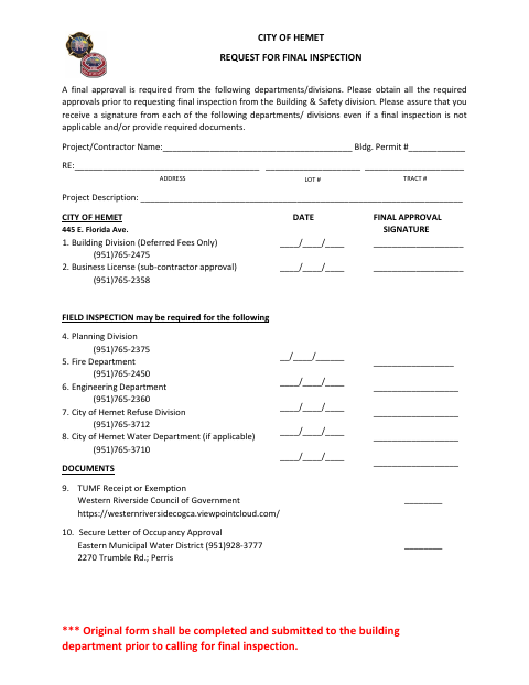 First page of the Request for Final Inspection