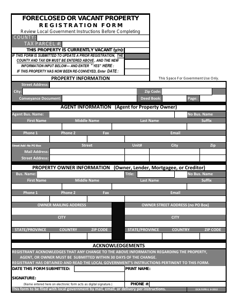 First page of the Foreclosed and Vacant Property Registration Form