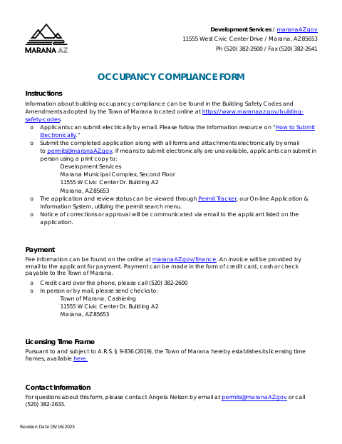 First page of the Occupancy Compliance Form