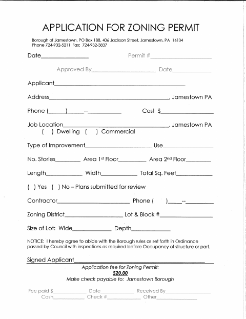 First page of the Application for Zoning Permit