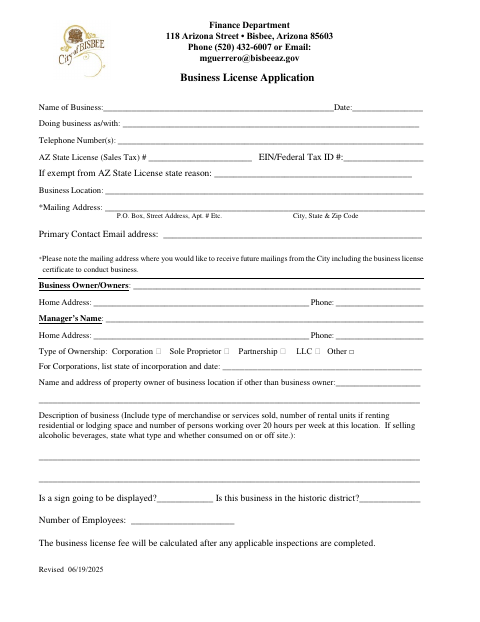First page of the Business License Application