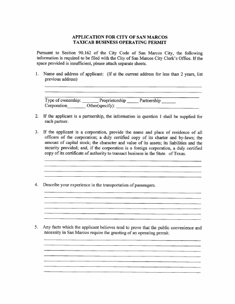 First page of the Taxicab Business Operating Permit Application