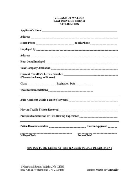 First page of the Taxi Driver Permit Application