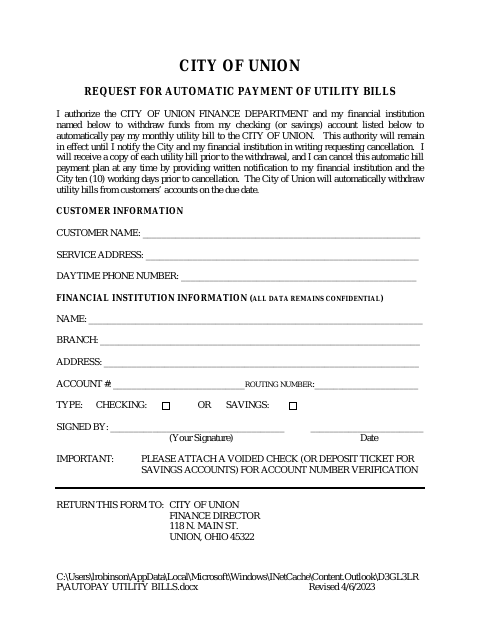 First page of the Request for Automatic Payment of Utility Bills