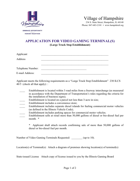 First page of the Application for Video Gaming Terminals (Large Truck Stop Establishment)