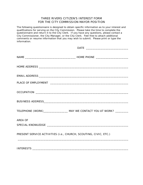 First page of the Citizen Interest Form for Mayor Position