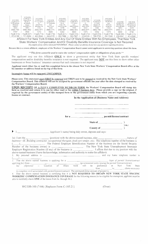 First page of the Workers’ Compensation and Disability Benefits Insurance Affidavit