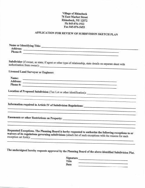 First page of the Application for Review of Subdivision Sketch Plan
