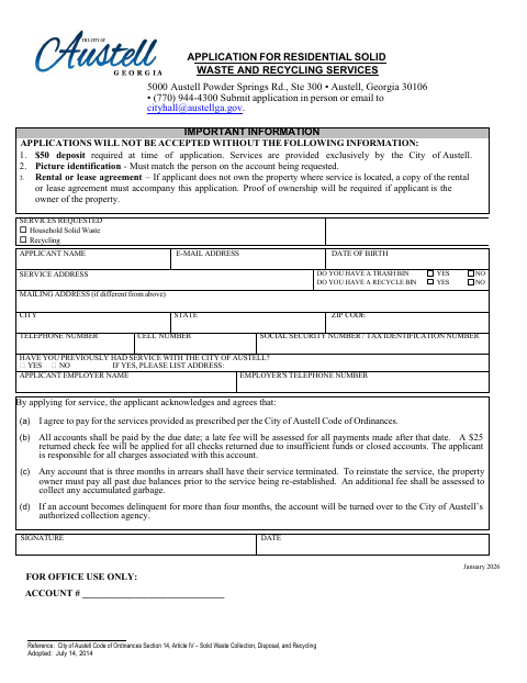 First page of the Application for Residential Solid Waste and Recycling Services