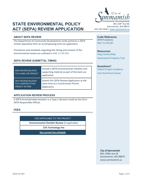 First page of the State Environmental Policy Act (SEPA) Review Application