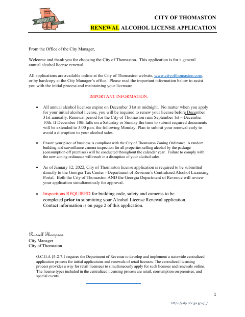 First page of the Alcohol License Renewal Application