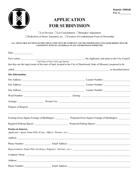 First page of the Application for Subdivision