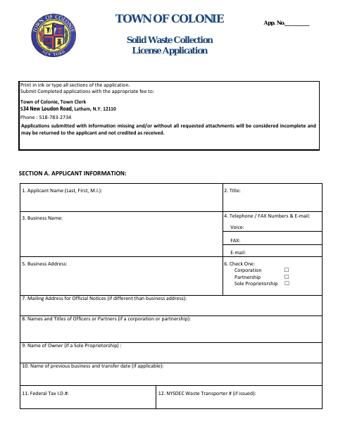 First page of the Solid Waste Collection License Application
